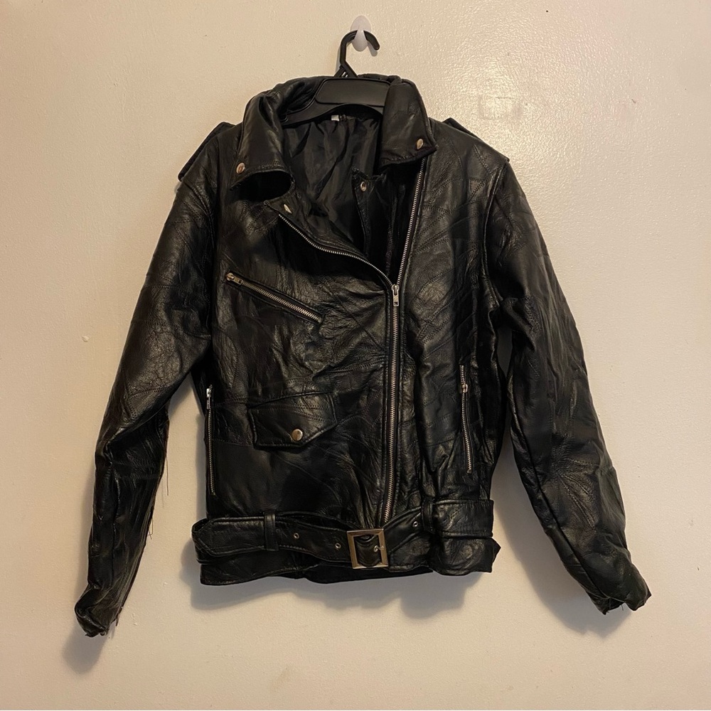 Black Leather Motorcycle Jacket with Asymmetrical Zipper‎ Collar Lapels Medium